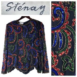 Vtg Stenay Sz Medium Shirt Top Jacket Beaded Sequin Silk Black Evening Cocktail